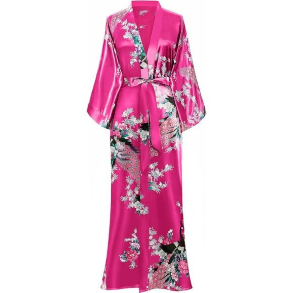 Women's Satin Kimono Robe – Long Nightgown with Peacock and Blossom Print - Picture 1 of 7